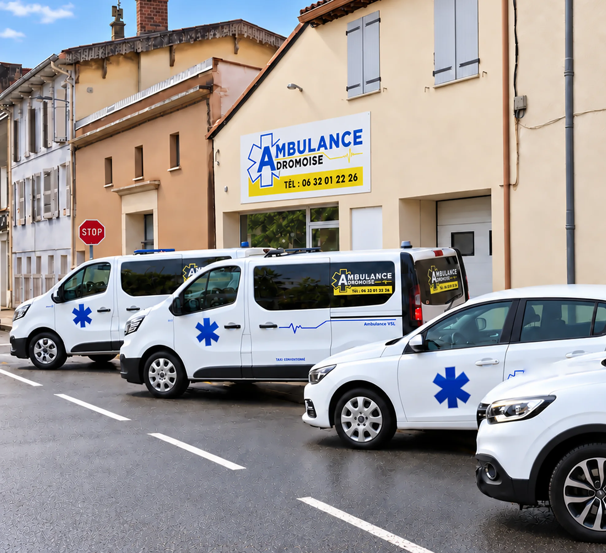 La flotte d’Ambulance Dromoise, ambulances et VSL alignés devant le dépôt