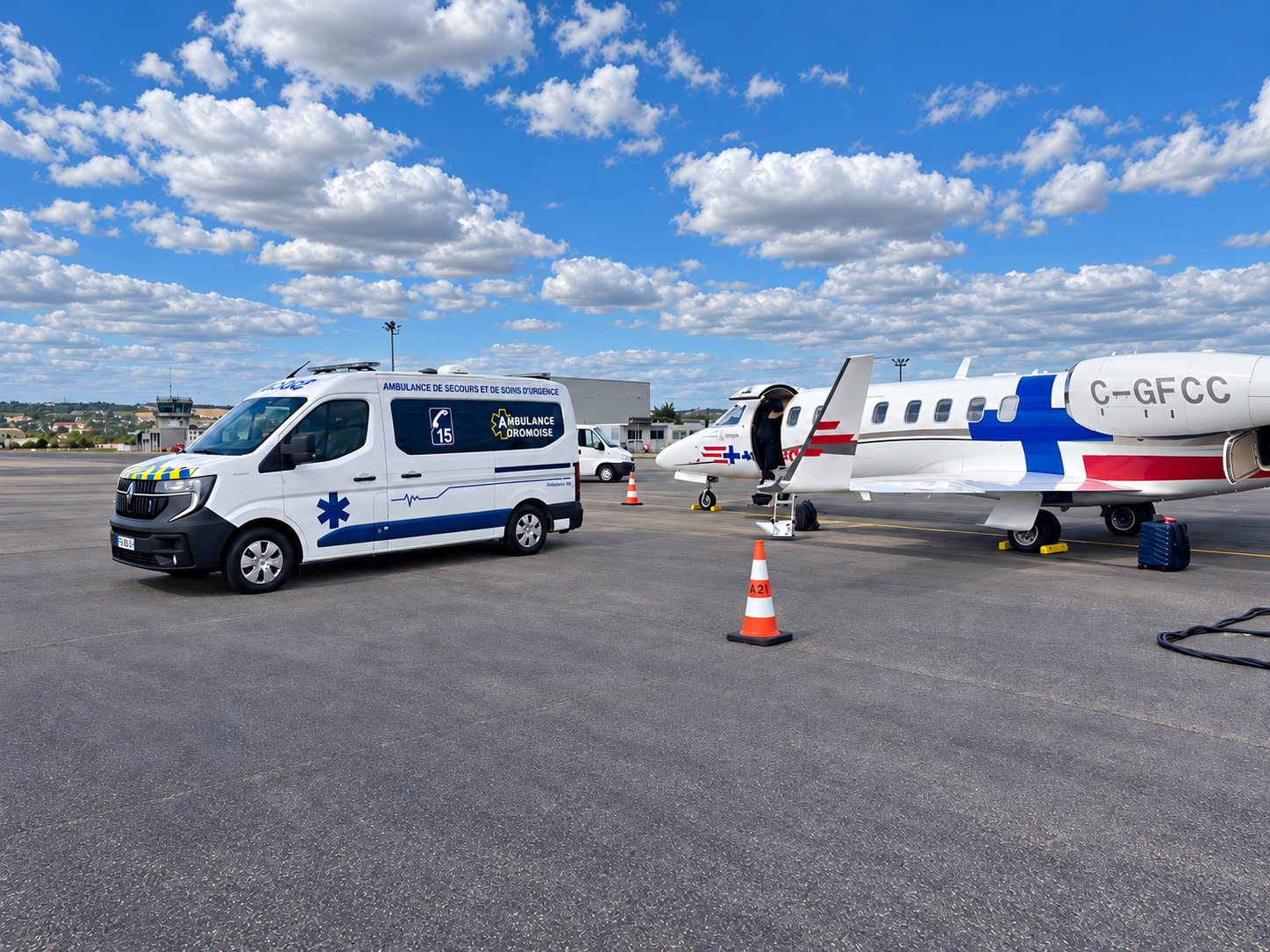 Ambulance Dromoise sur le tarmac d'un aéroport, à côté d'un avion sanitaire pour un rapatriement